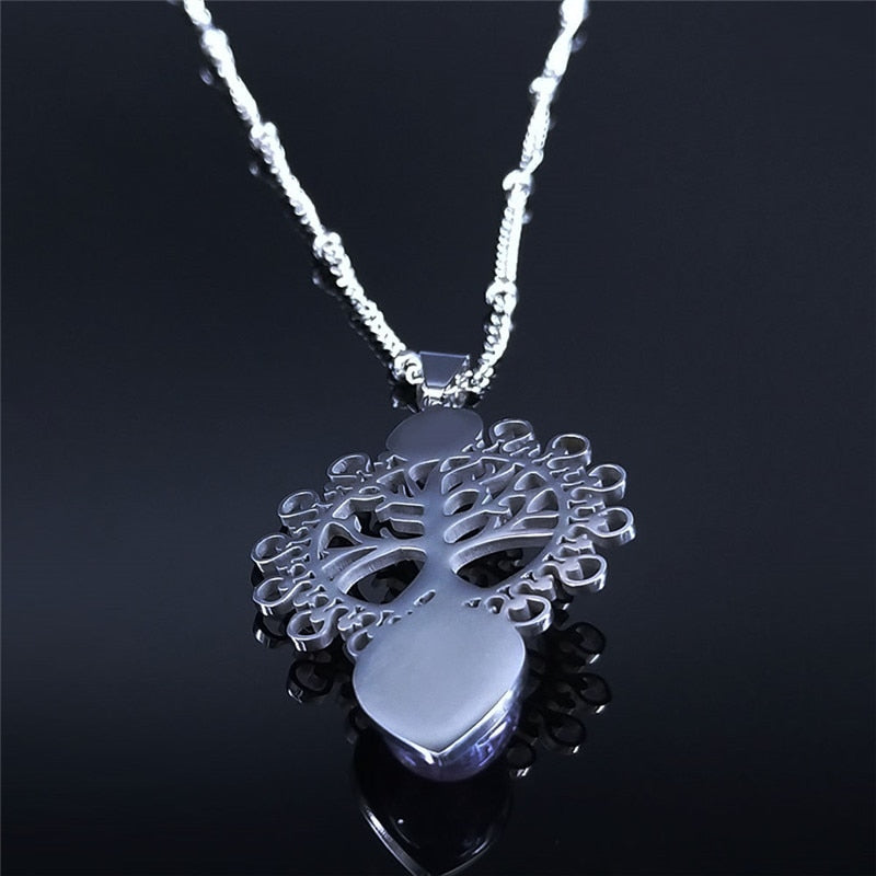 Bohemia Tree of Life Stainless Steel Purple Crystal Necklace For Women Silver Color Charm Necklace