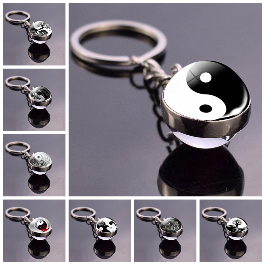 Black and White Symbols Key Chain Jewelry Life Tree Glass Ball Pendant Keychains