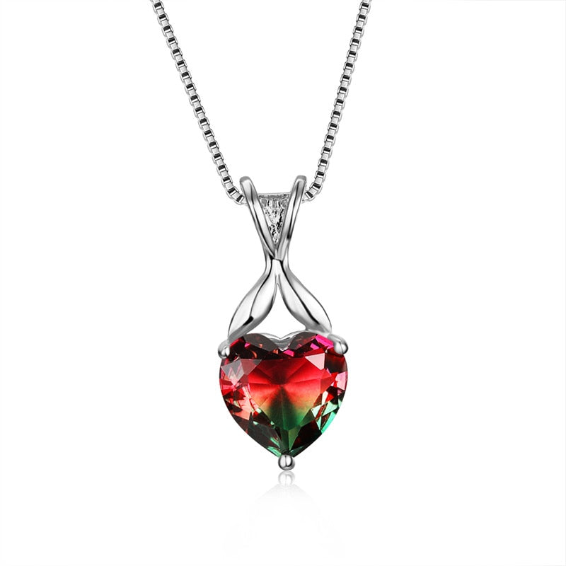 Charming Pink Purple Crystal Heart Pendant Rainbow Gradient Zircon Necklaces For Women