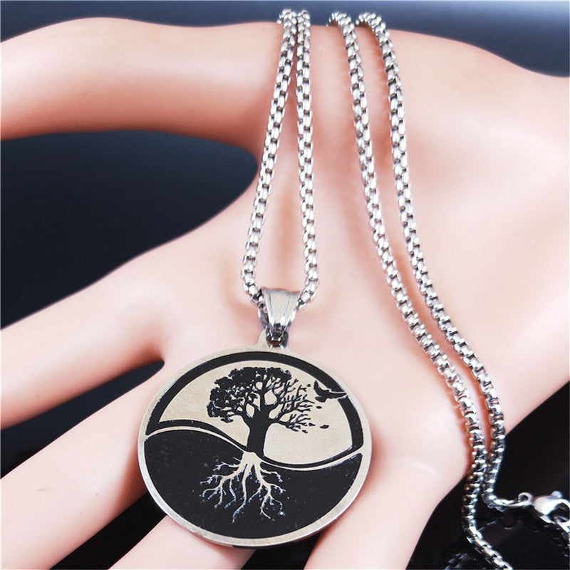 Tree of Life Stainless Steel Statement Necklace Women Silver Color Necklace Jewelry