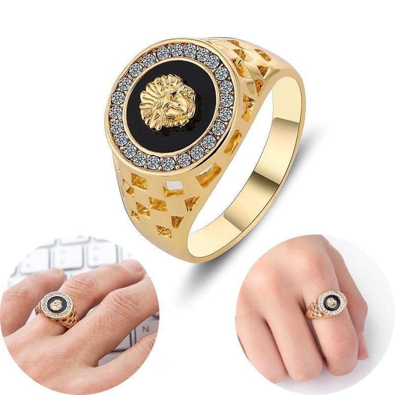 Lion Head Rings Crystal Enamel Ring for Women Men Gold Alloy Hollow Finger Rings