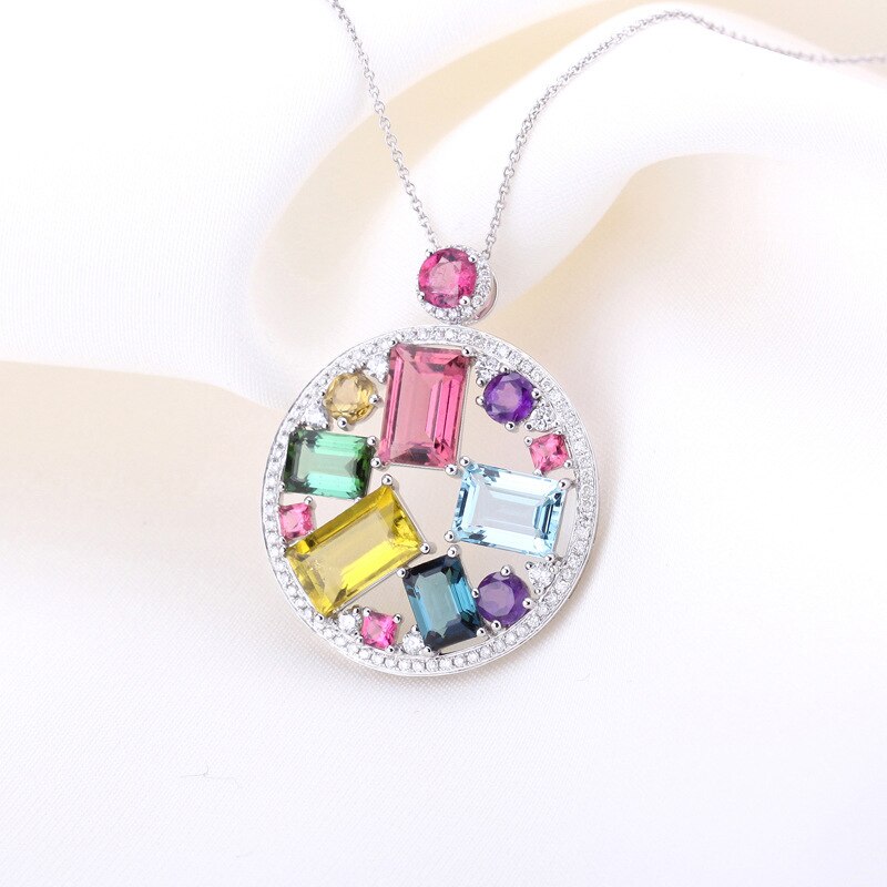 Colorful Jewel Round Pendant Sterling Silver 925 Jewelry for Women Rectangle Gemstones