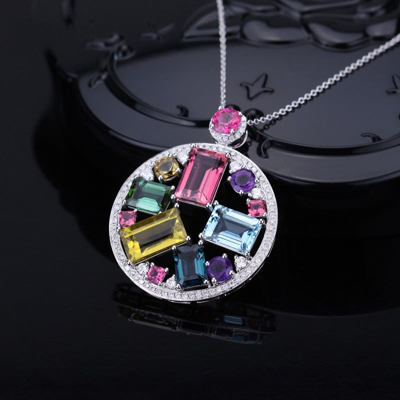 Colorful Jewel Round Pendant Sterling Silver 925 Jewelry for Women Rectangle Gemstones