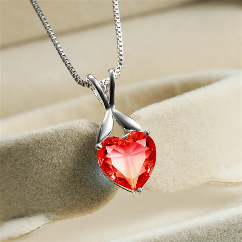 Charming Pink Purple Crystal Heart Pendant Rainbow Gradient Zircon Necklaces For Women