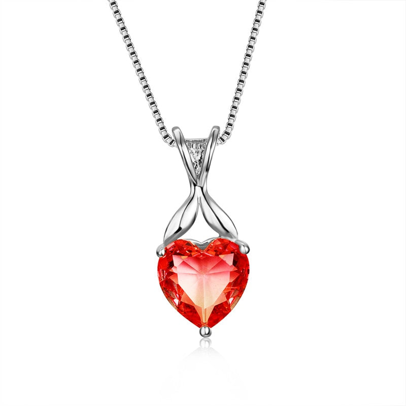 Charming Pink Purple Crystal Heart Pendant Rainbow Gradient Zircon Necklaces For Women