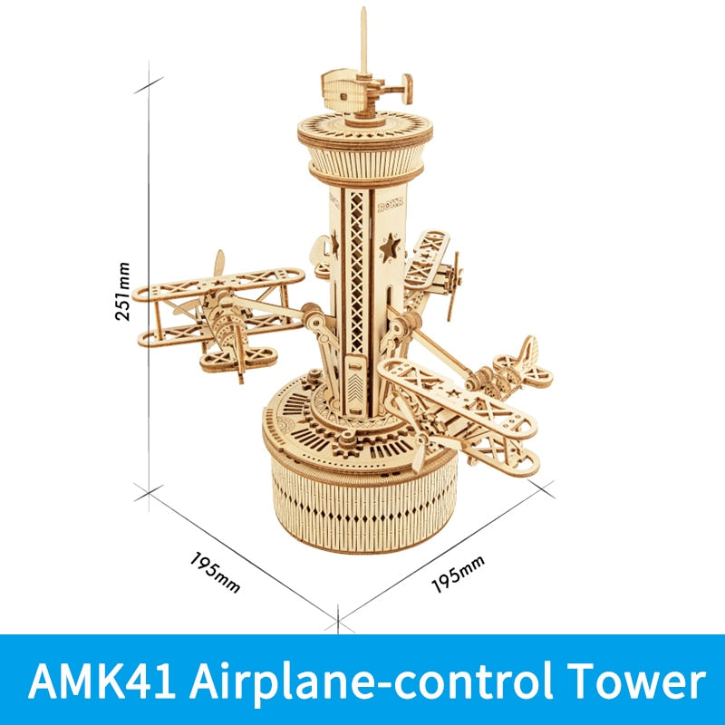 Wooden Toy | Airplane Control Tower Mechanical Music Box | Gift for Your Children