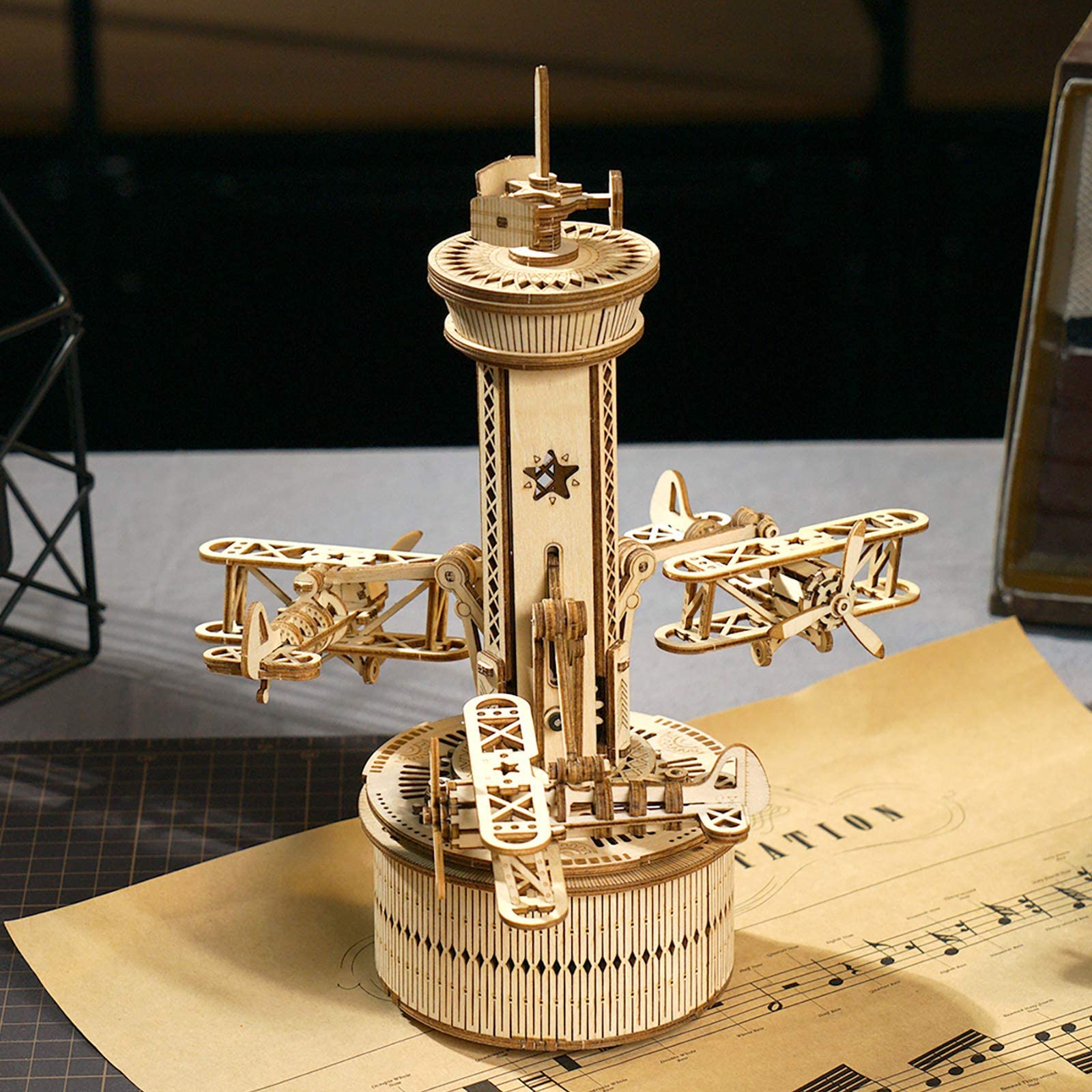 Wooden Toy | Airplane Control Tower Mechanical Music Box | Gift for Your Children