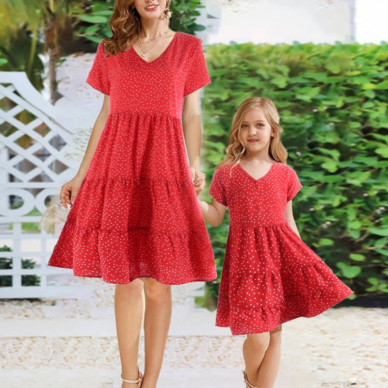 Short Sleeve Dress For Mother Daughter Matching Clothes Casual V Neck