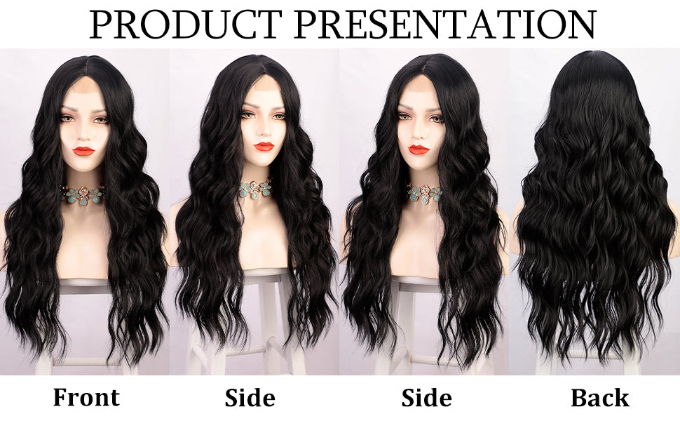 Long Black Wavy Wigs for Women Middle Part Curly Black Wig Natural Looking Synthetic Heat Resistant Fiber Wigs Hair Replacement Wigs