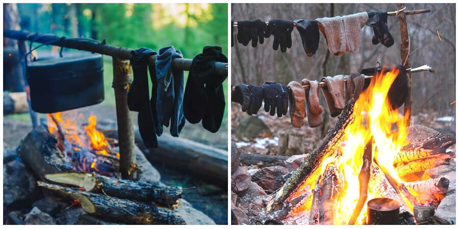 Socks drying out over a wood fire