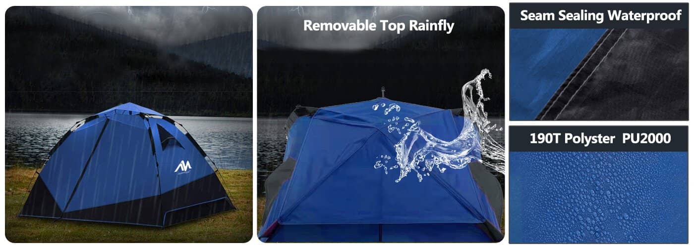 waterproof 190T polyster PU2000+ removable top rainfly + waterproof seam sealing