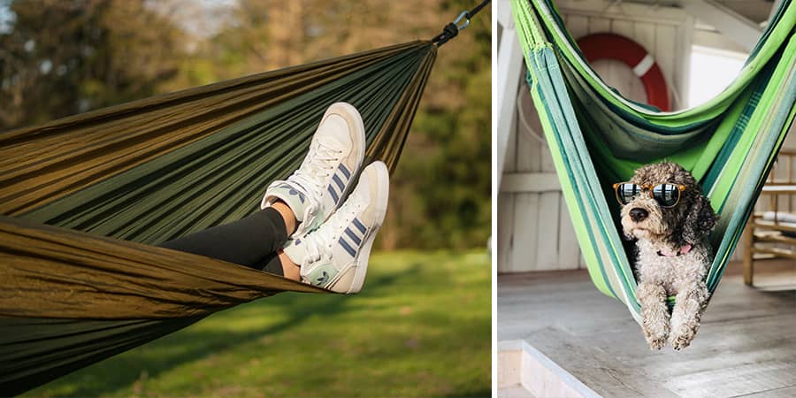 Feet hanging out of a hammock