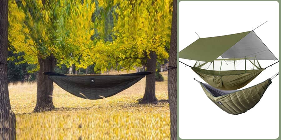 Ayamaya underquilt hammock between two trees in a field
