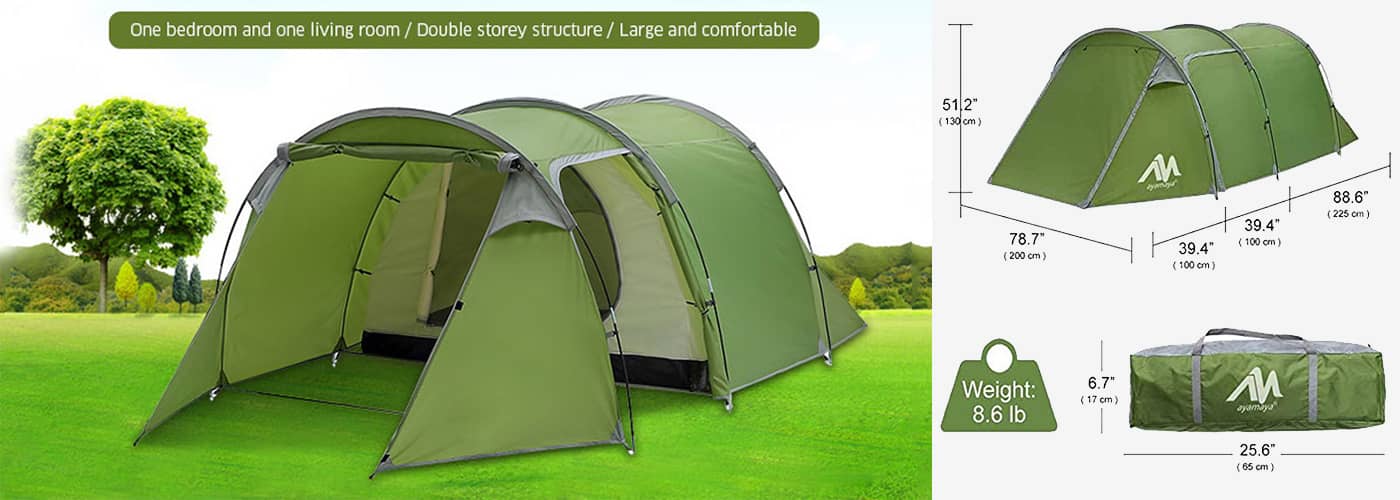 ayamaya camping tunnel tent for 2-4 person, size (39+39+88)x78x51inches (LxWxH)