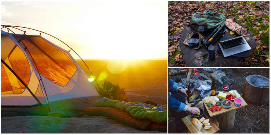 Camp site near a cliff with a tent and sleeping bags