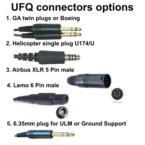 Opciones de conectores para auriculares de aviación UFQ