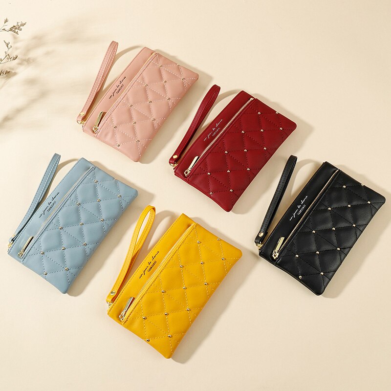 Brand Wristband Rivet Plaid Women Wallets Pu Leather Phone Pocket Card Holder Ladies Coin Purse Long Wallet Clutch Female Bag