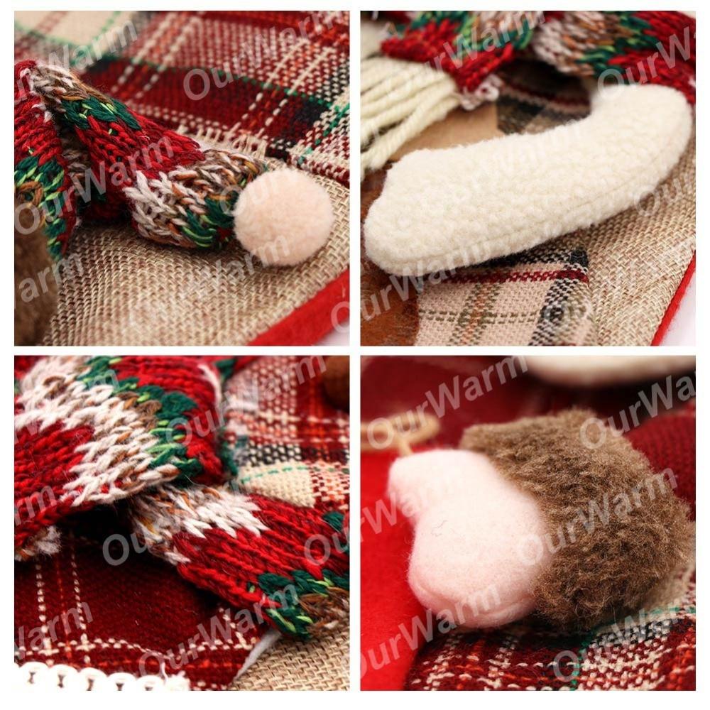 Warm Decorative Large Christmas Stocking | Santa Claus Sock Plaid Burlap Gift Holder