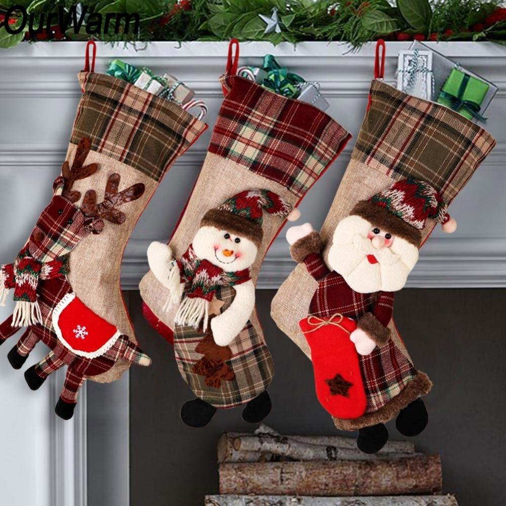 Warm Decorative Large Christmas Stocking | Santa Claus Sock Plaid Burlap Gift Holder