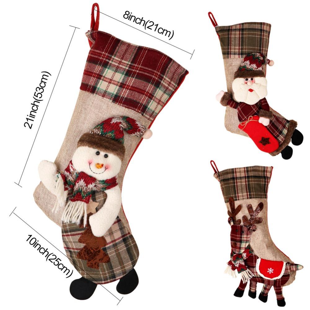 Warm Decorative Large Christmas Stocking | Santa Claus Sock Plaid Burlap Gift Holder