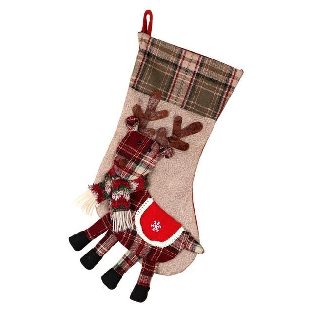 Warm Decorative Large Christmas Stocking | Santa Claus Sock Plaid Burlap Gift Holder