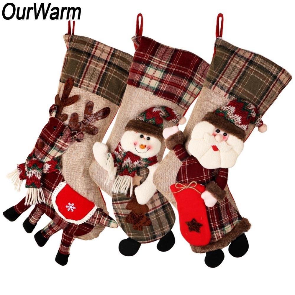 Warm Decorative Large Christmas Stocking | Santa Claus Sock Plaid Burlap Gift Holder