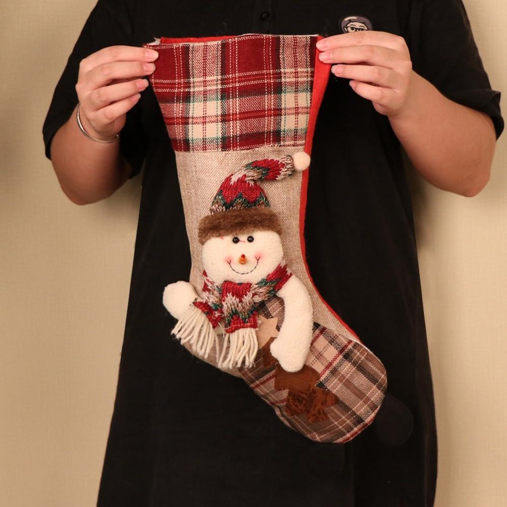 Warm Decorative Large Christmas Stocking | Santa Claus Sock Plaid Burlap Gift Holder