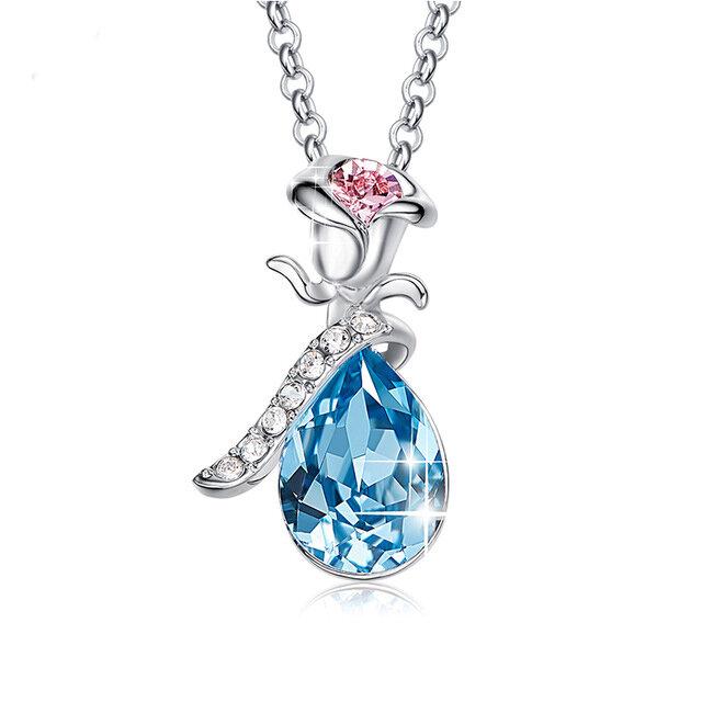 Swarovski Crystals Aquamartine Waterdrop with Pink Topaz Rose  Necklace