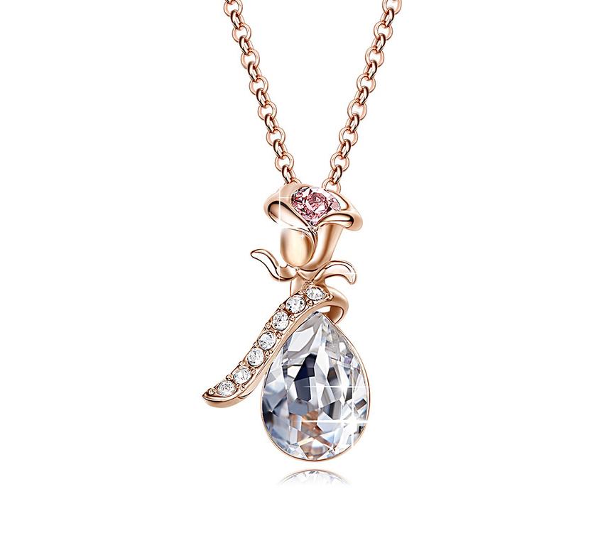 Swarovski Crystals Aquamartine Waterdrop with Pink Topaz Rose  Necklace