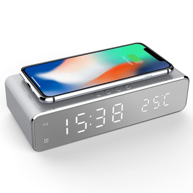 USB Digital LED Desk Alarm Clock With Thermometer Wireless Charger For Samsung Xiaomi Huawei (Silver)