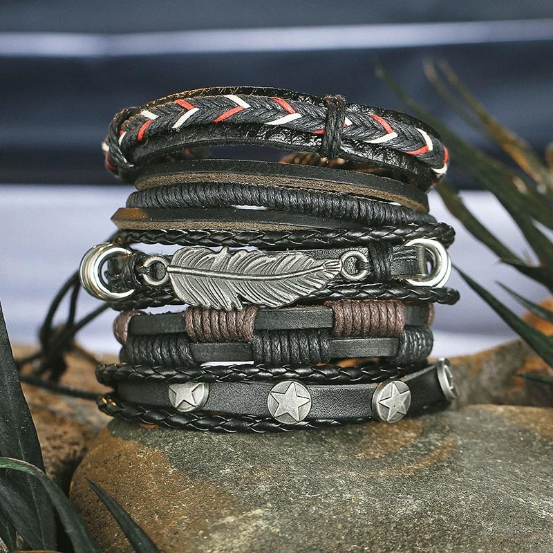 IF ME Vintage Leaf Feather Multilayer Leather Bracelet Men Fashion Braided Handmade Star Rope Wrap Bracelets & Bangles Male Gift