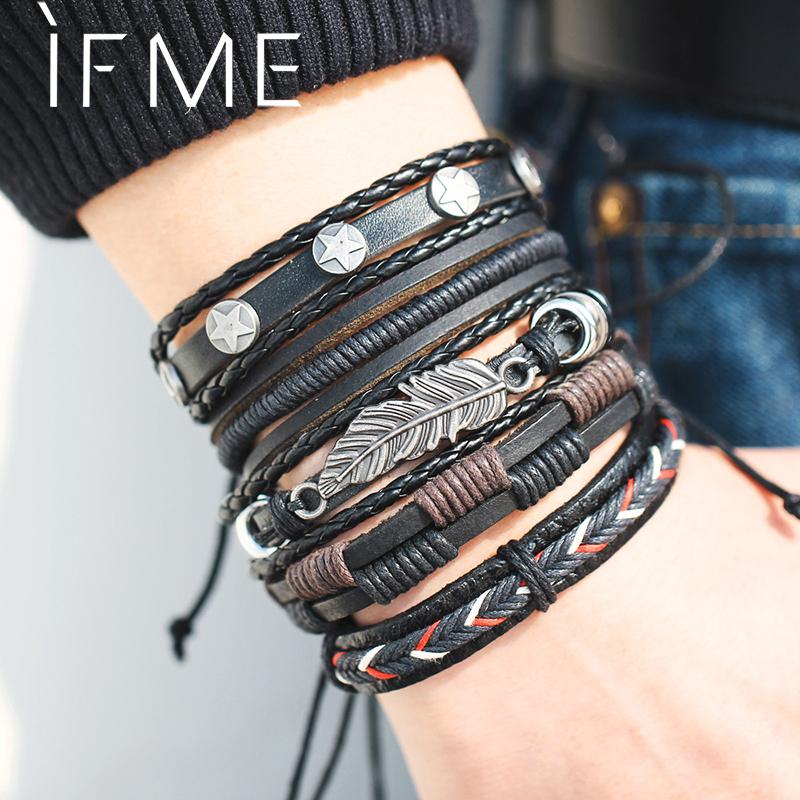 IF ME Vintage Leaf Feather Multilayer Leather Bracelet Men Fashion Braided Handmade Star Rope Wrap Bracelets & Bangles Male Gift