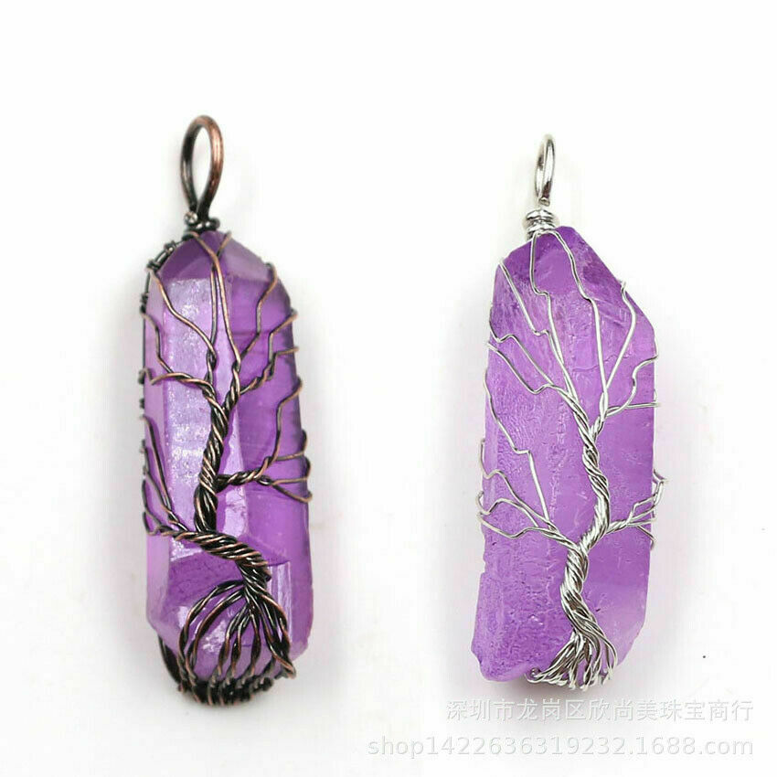 Natural Tree of Life Wire Wrap Rose Crystal Quartz Pendant Necklace Healing Gift