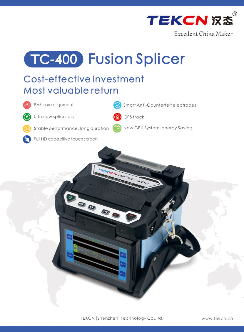 TEKCN TC-400 PAS Core Alignment Fusion Splicer     PAS Core Alignment Smart Anti-Counterfeit electrodes Ultra low splice loss GPS track Stable performance, long duration New GPU System, energy Saving Full HD capacitive touch screen