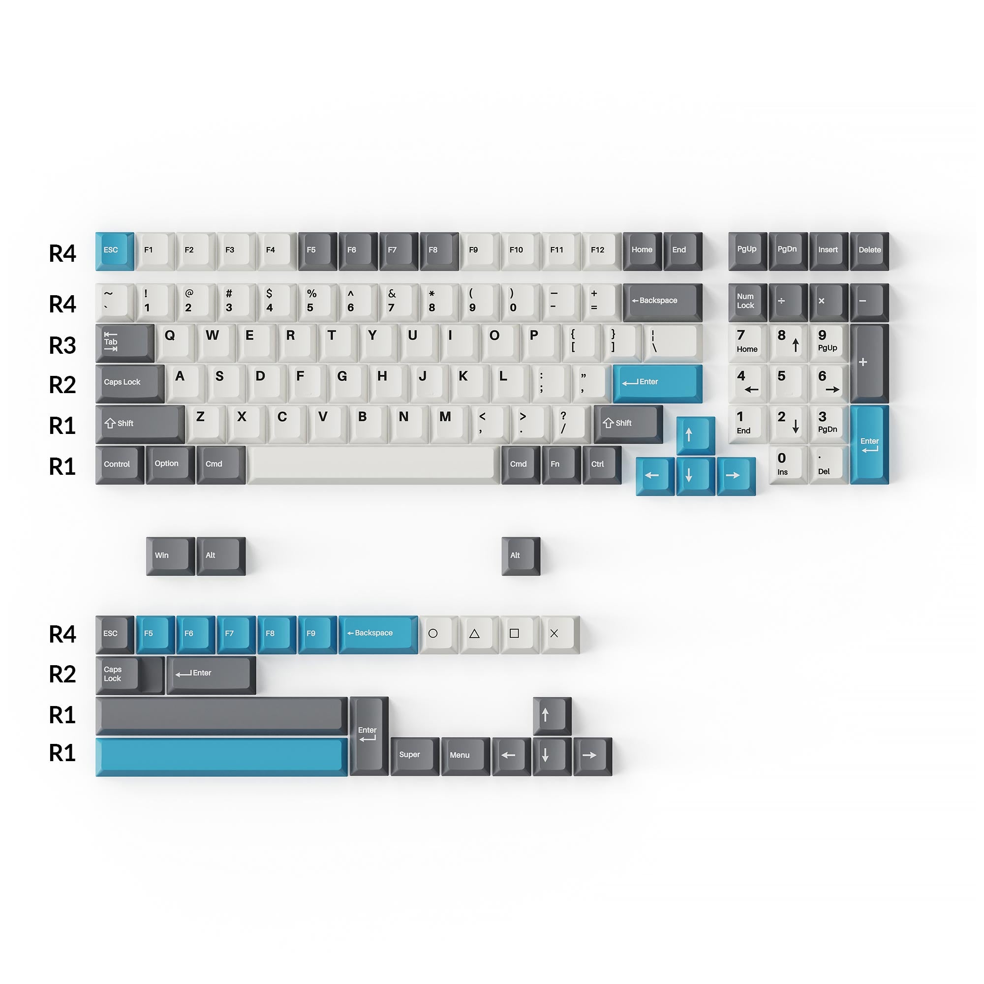 Cherry Profile Double - Shot PBT Full Set Keycaps - Grey, White, and Blue