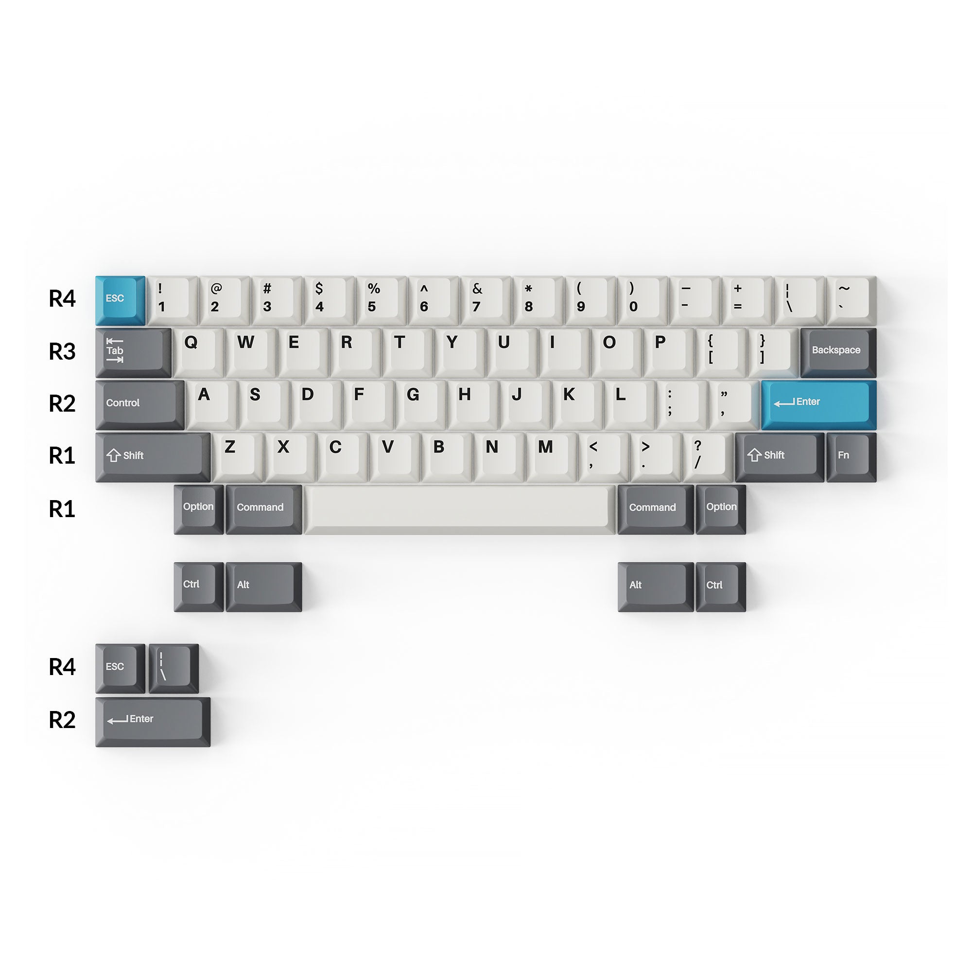 Cherry Profile Double - Shot PBT Full Set Keycaps - Grey, White, and Blue