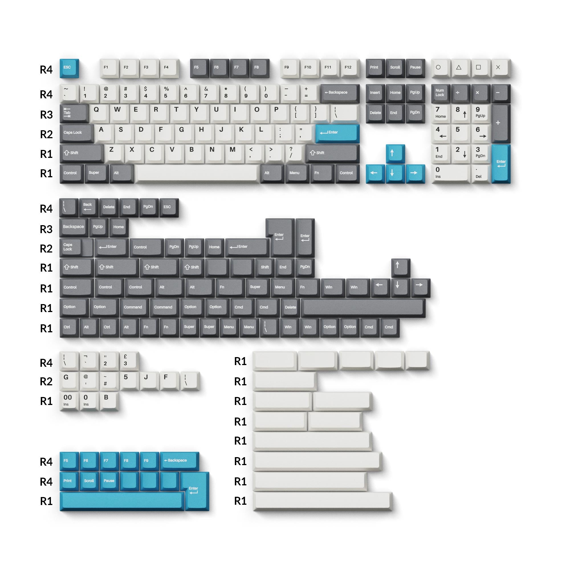 Cherry Profile Double - Shot PBT Full Set Keycaps - Grey, White, and Blue