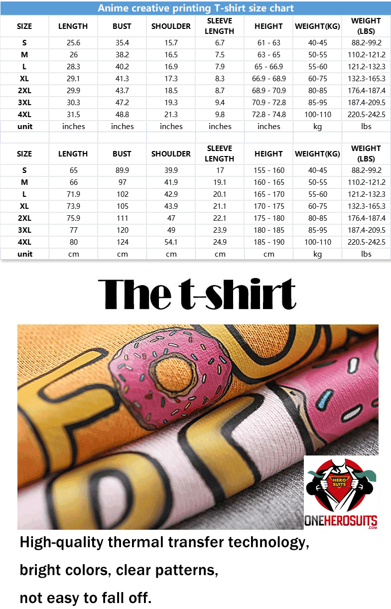 OneHeroSuits Demon Slayer Creative Print Anime T-shirt Two Styles 34 size chart