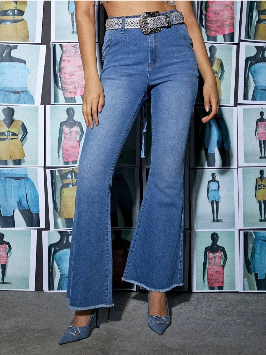 SHEIN X House of Dani.B Slant Pocket Raw Hem Flare Leg Jeans Without Belt