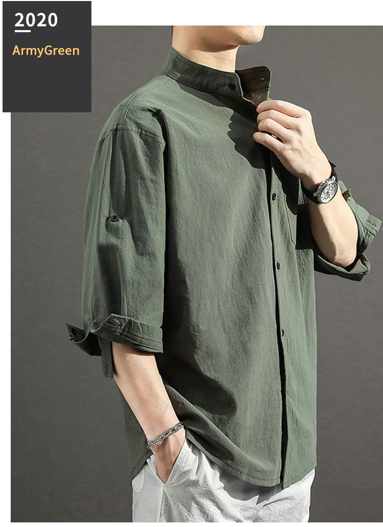 Cotton linen shirt three-quarter sleeve men's thin Japanese casual loo ...