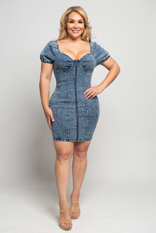 Plus Size Bodycon Denim Bustier Front Zip Midi Dress