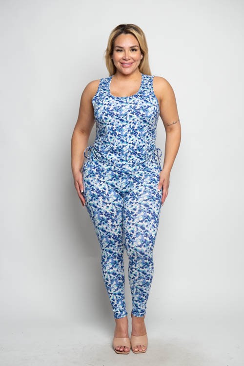 Plus Size Floral Print Ruched Tank Top and Legging Set