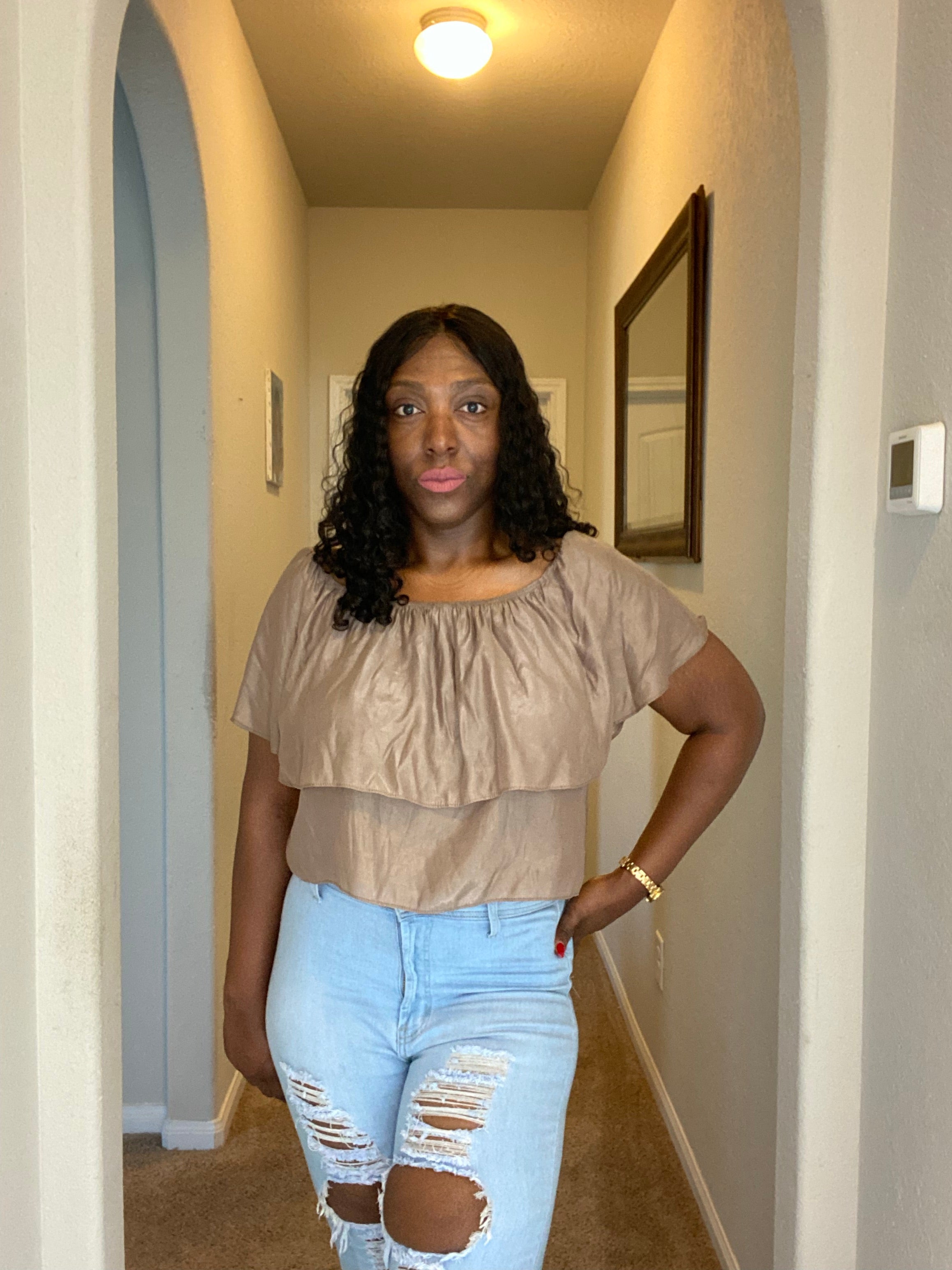 Relaxed Style Mocha Ruffled Blouse Crop Top