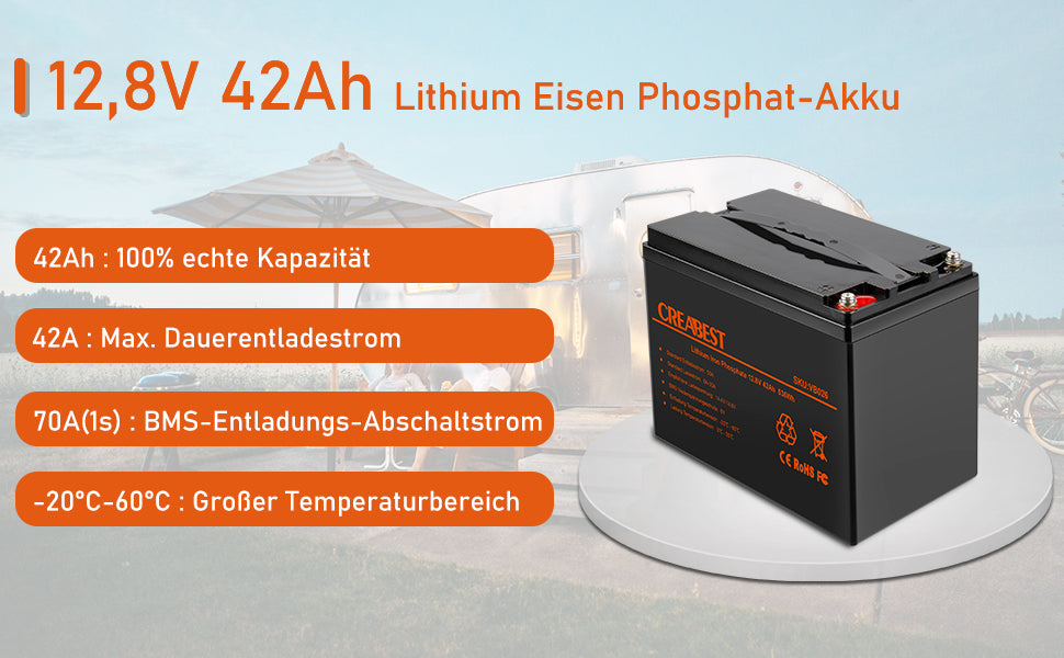 LiFePO4 Batterie 42Ah 12,8V für Wohnwagen, Camping, Solaranlagen, Off- –  CREABEST-DE