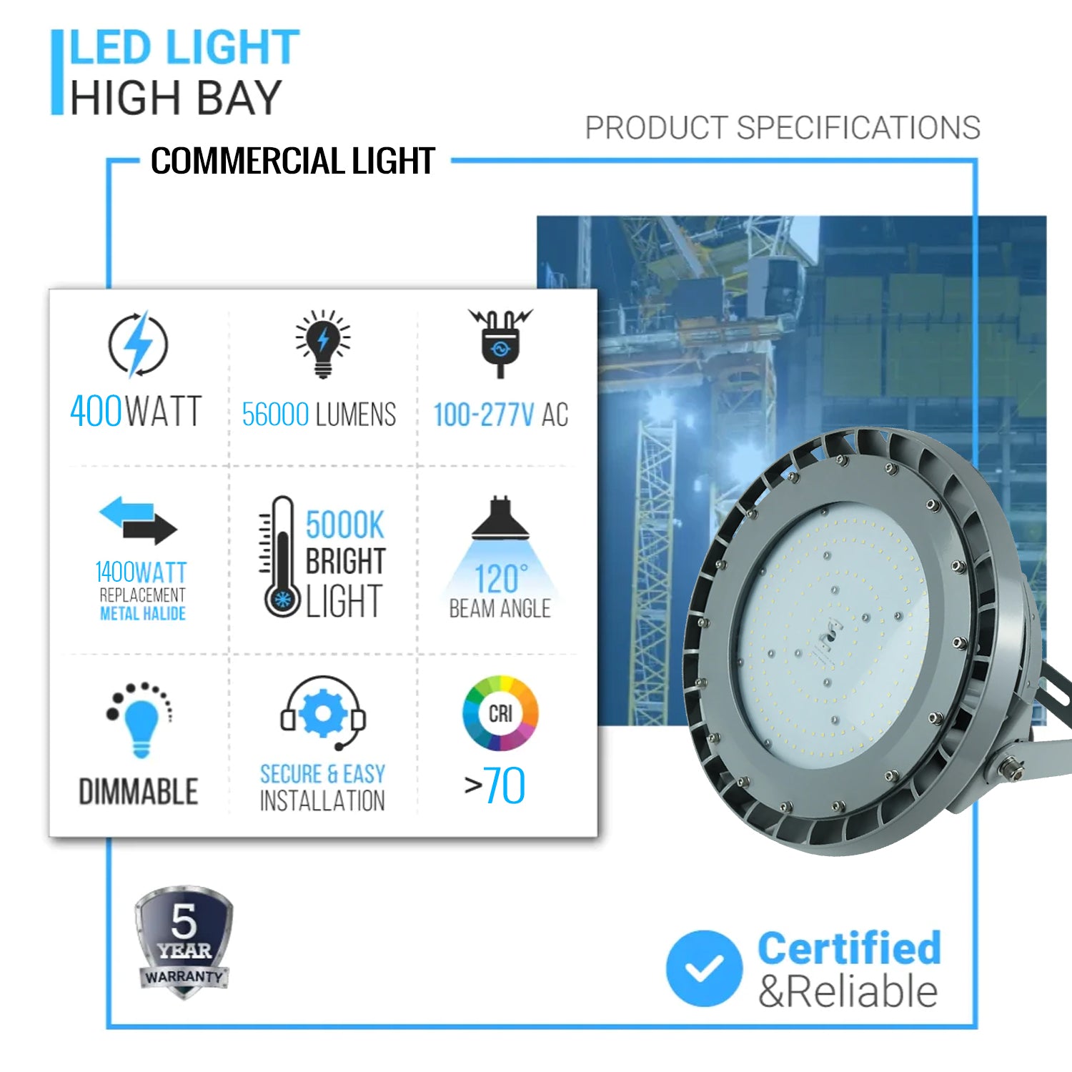 400 Watt LED Explosion Proof Round High Bay Light, B Series, Dimmable, 5000K, 56000LM, AC100-277V, IP66, Ideal for Oil & Gas Refineries, Drilling Rigs, Petrochemical Facilities