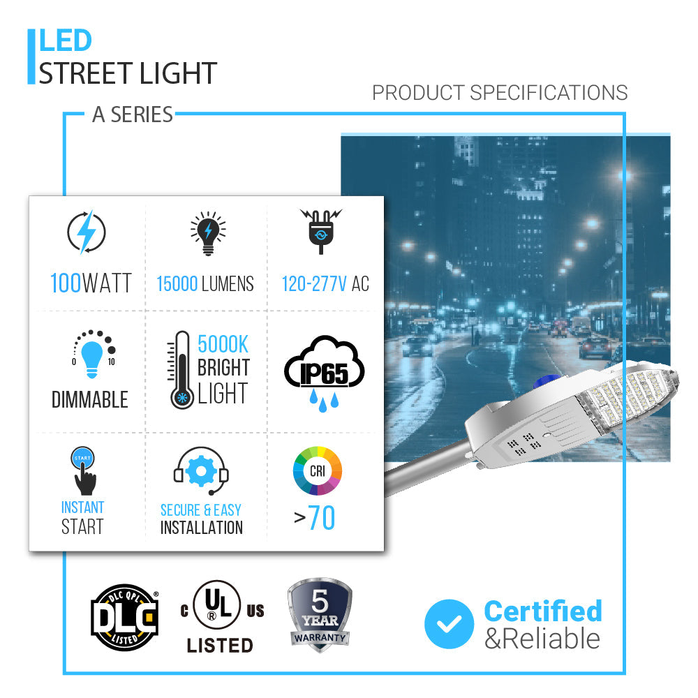 LED Street Light, H Series, 100W, 5000K, 15000LM, Dimmable, 120-277V, Waterproof Outdoor Commercial Area Road Lighting