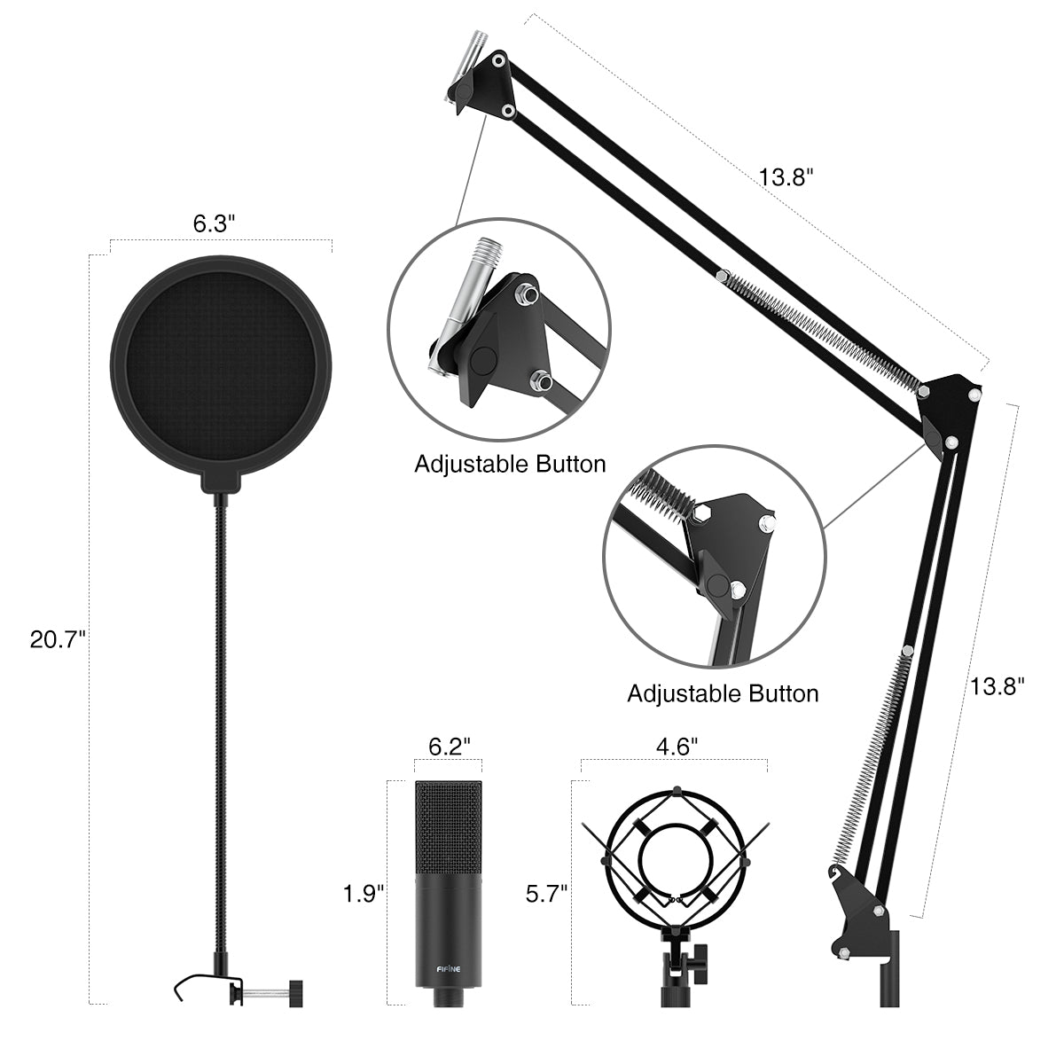 FIFINE K780A Studio USB Mic Kit with 19mm Capsule Arm Stand, Shock Mount, Pop Filter for Voiceover Podcast