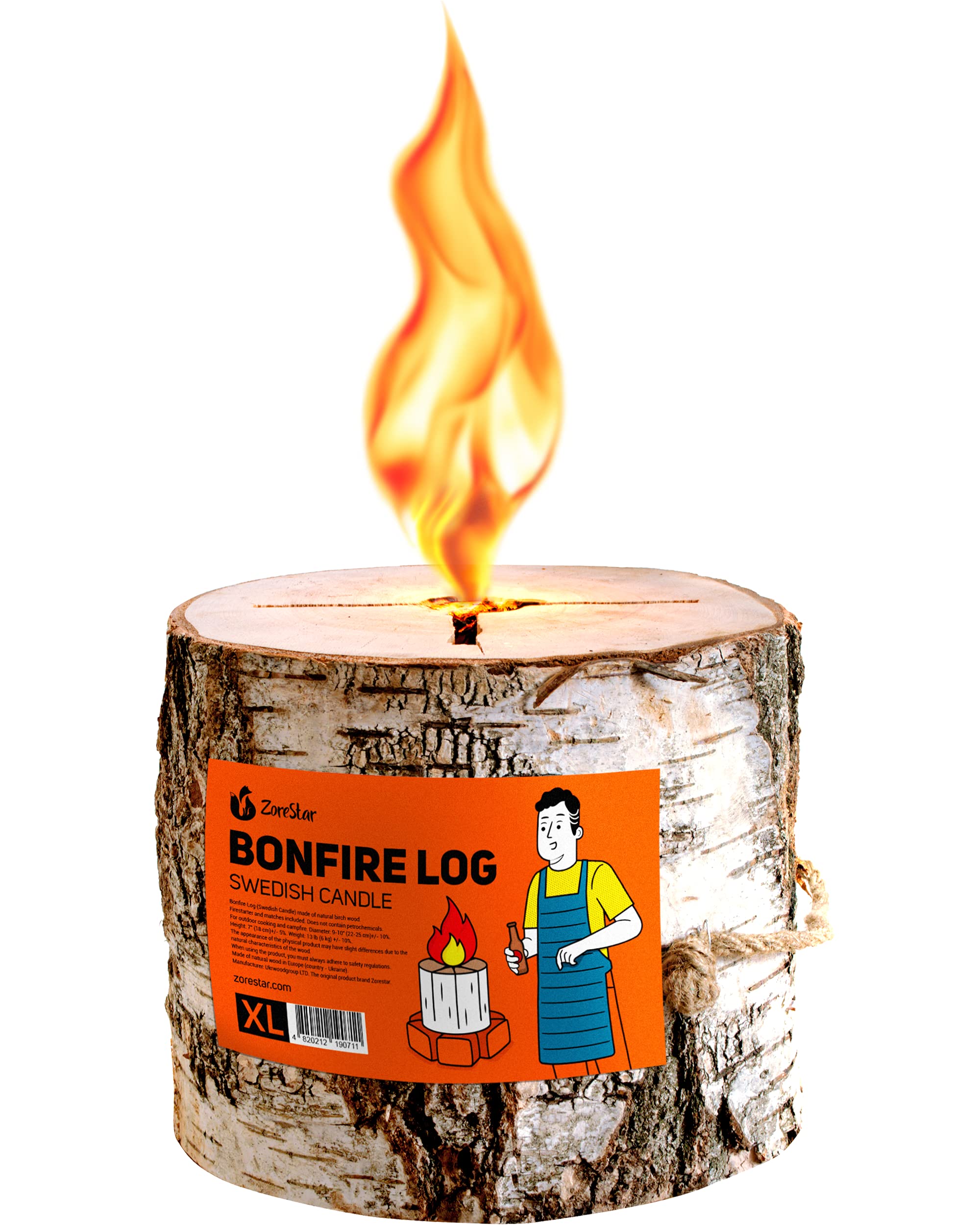 Birch Bonfire Wood Log L-Size with Fire Starter Inside - 100% Natural Cooking Firewood