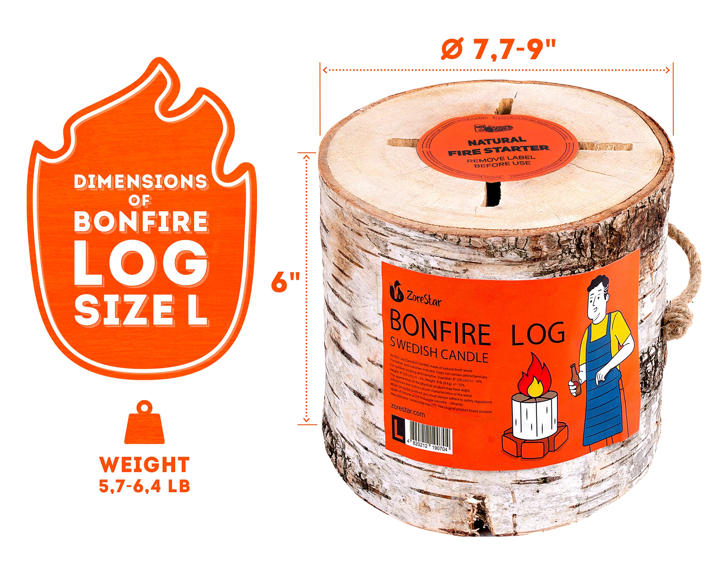 Birch Bonfire Wood Log L-Size with Fire Starter Inside - 100% Natural Cooking Firewood