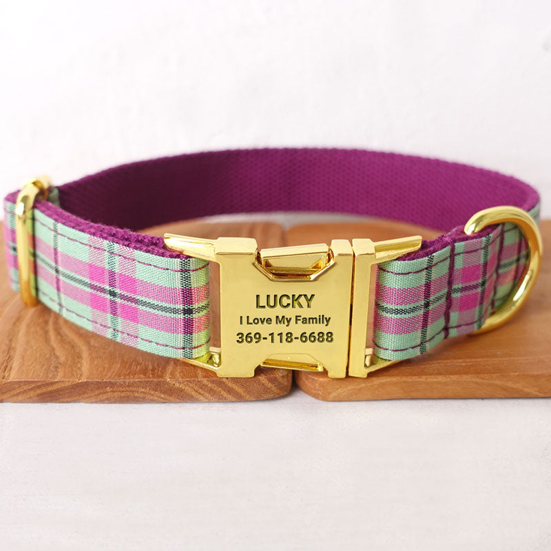 Collar de perro personalizado a cuadros morado menta